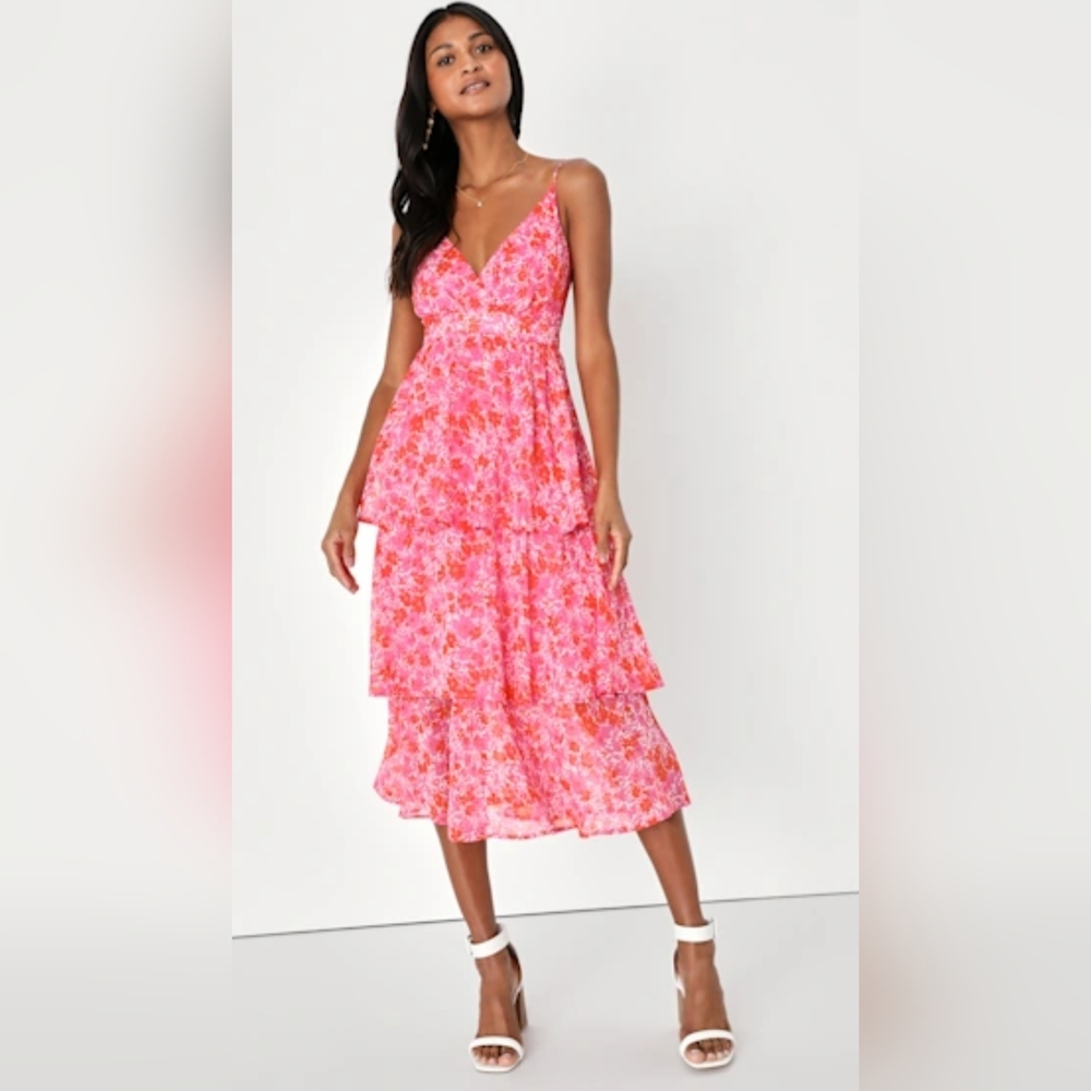 Lulus Floral Sheer Tiered Ruffle V-neckline Spaghetti Strap Cocktail Midi Dress